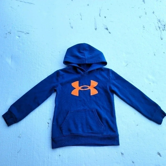 Boys Under Armour Big Logo Pullover Hoodie Blue Orange - Size 6 - Picture 1 of 8